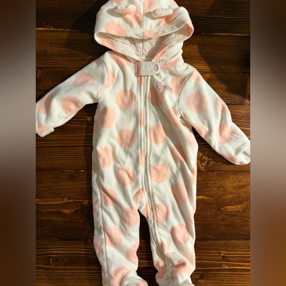Carter's Pink and White Polka Dot Fleece One-Piece - 6M